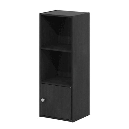 Black 3-Tier Bookcase with Door Storage and Wood Finish