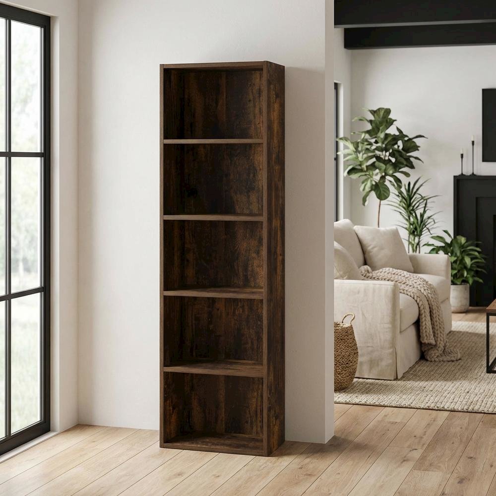Wooden bookcase with open shelves for storage and display