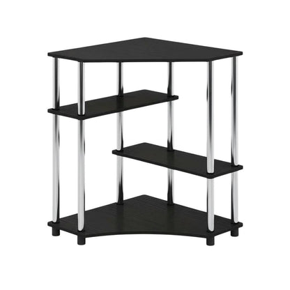 Corner Desk With Shelves In Brown And Stainless Steel For Home Office Use