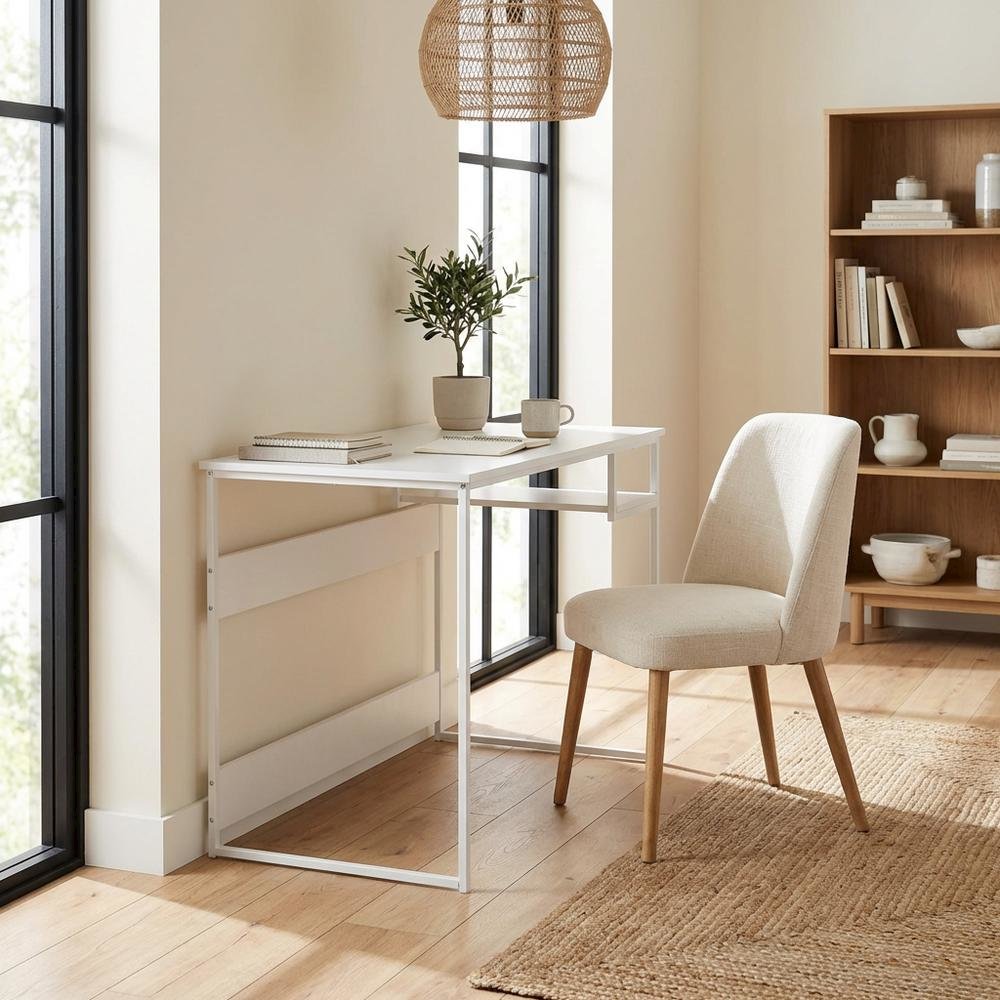 White Study Desk With Solid Finish And Spacious Workspace