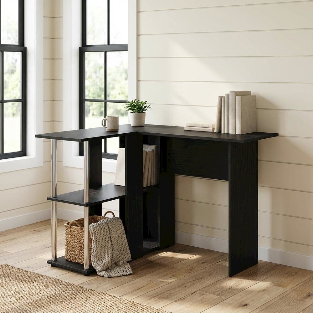 L-Shape Desk, Bookshelf, Americano Finish, Steel Tubes, Modern Workspace