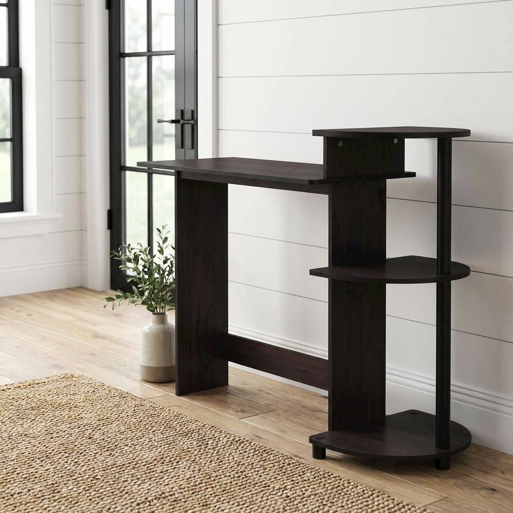 Compact Dark Walnut Computer Desk with Shelves for Efficient Workspace
