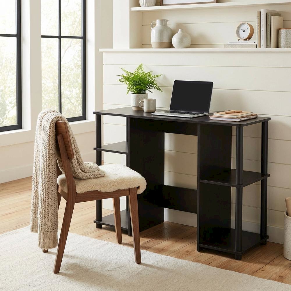 Black compact computer study desk with sturdy design and space-efficient layout
