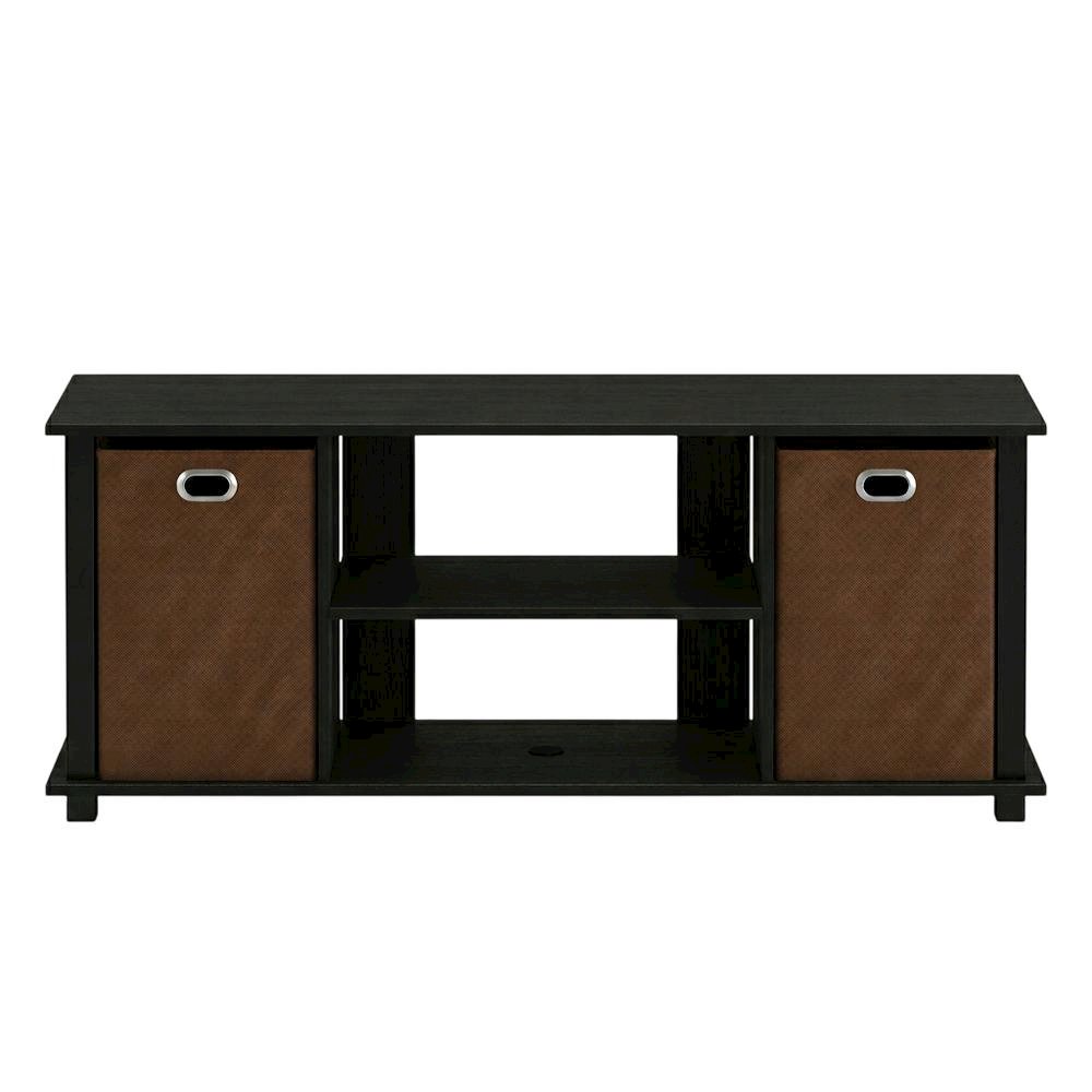 Wooden Entertainment Center with Storage Bins in Americano and Black Finish