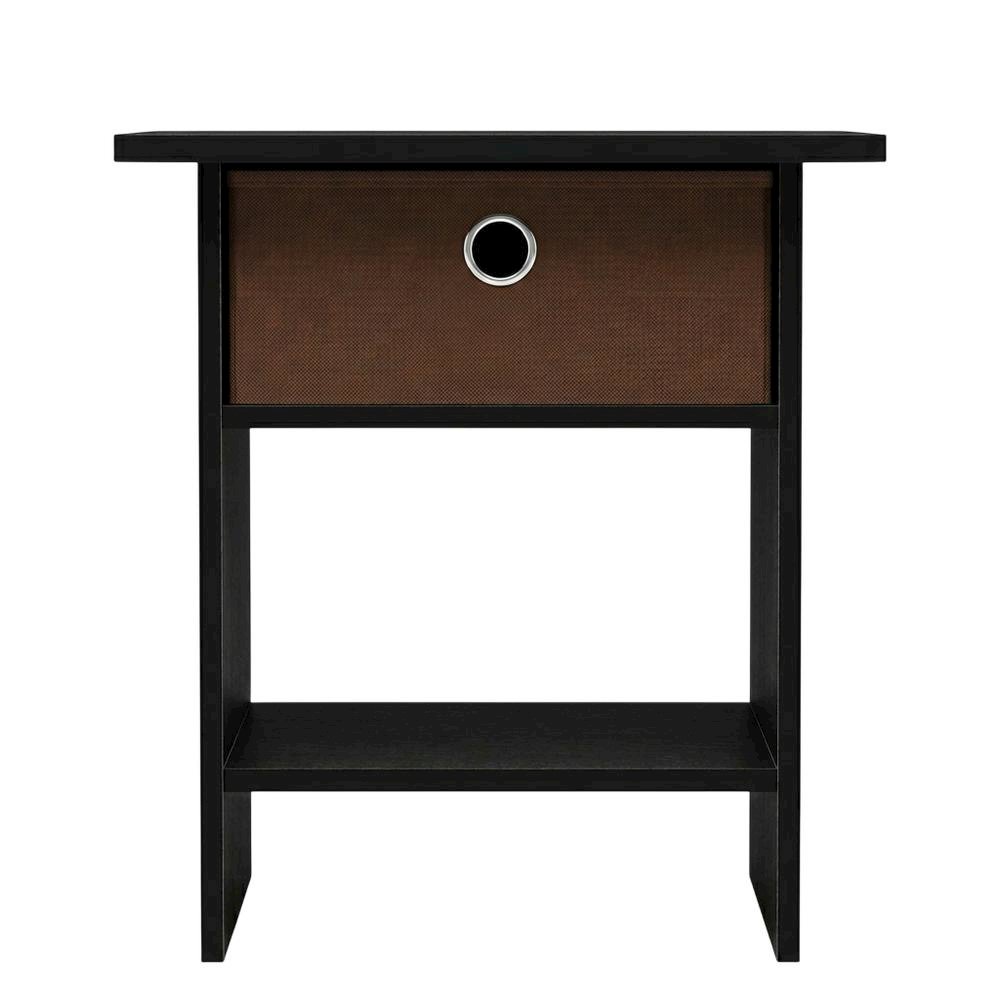 Medium brown wood nightstand with storage shelf and bin drawer