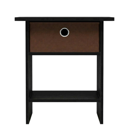 Medium brown wood nightstand with storage shelf and bin drawer