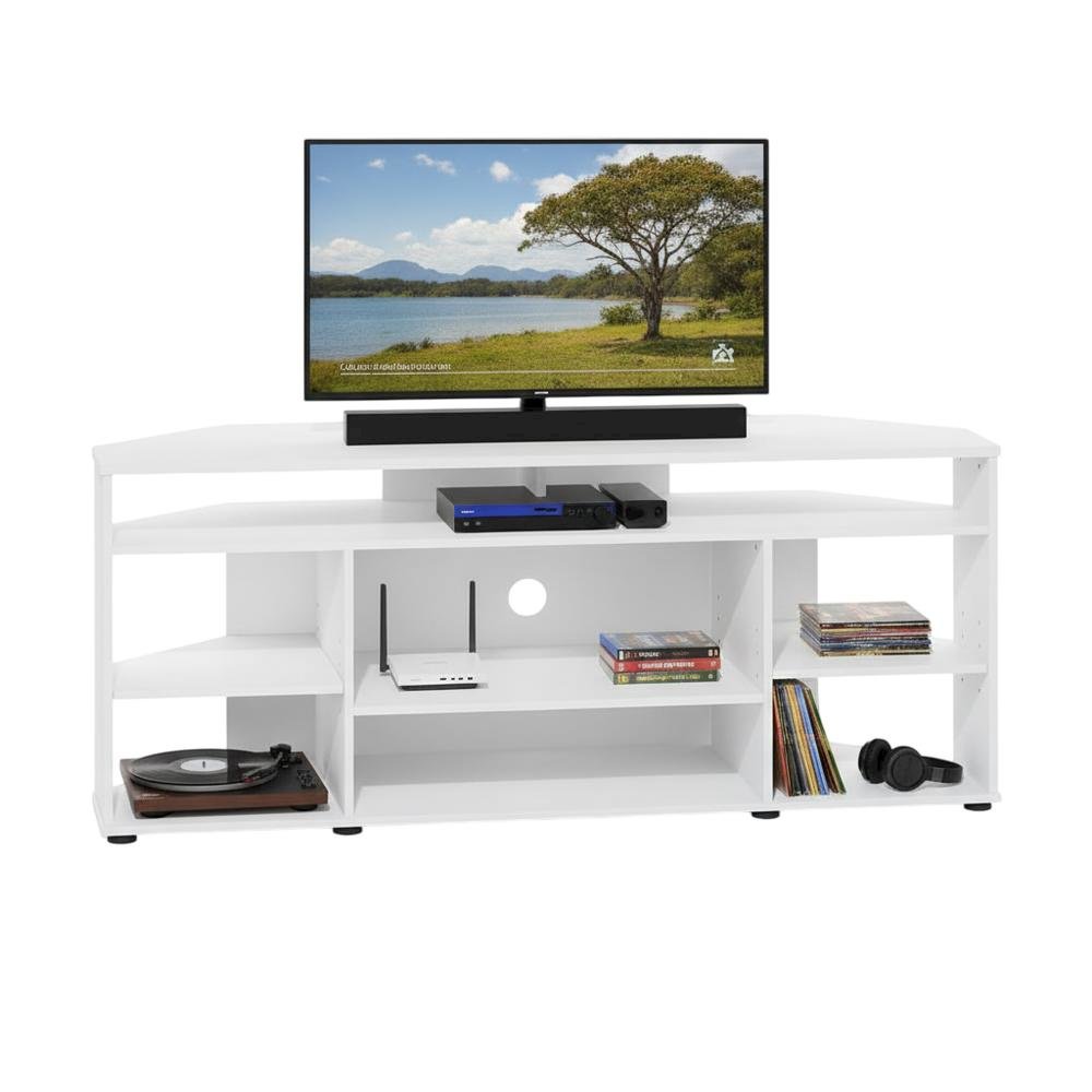 White Corner TV Stand, up to 55-Inch Flat Screens, Solid Rubberwood