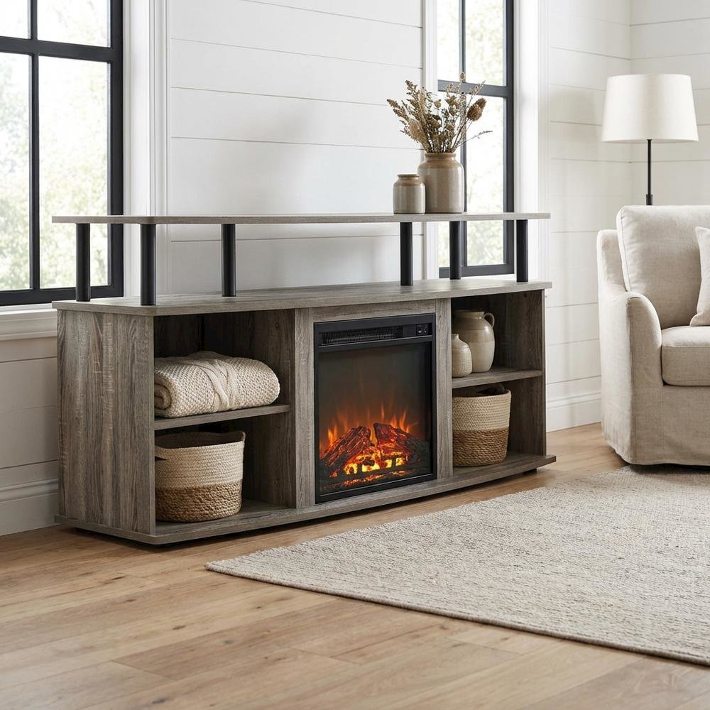Gray open shelving TV stand, 55-inch displays, solid rubberwood