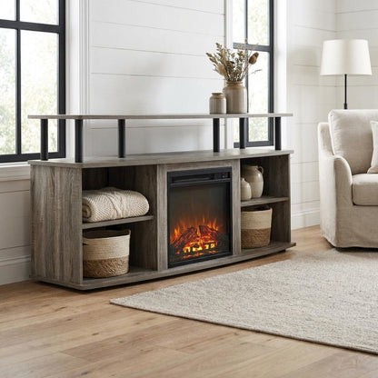 Gray open shelving TV stand, 55-inch displays, solid rubberwood