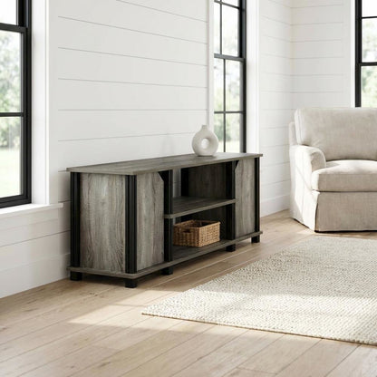 Wooden TV Stand with Shelves and Storage in French Oak/Black finish