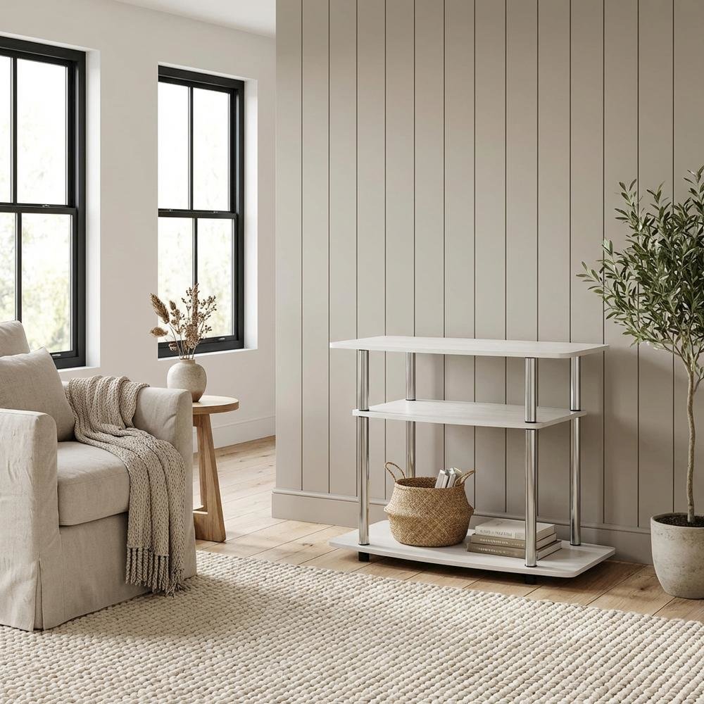 White Oak/Chrome TV Stand with 3-Tier Shelving and Wooden Construction