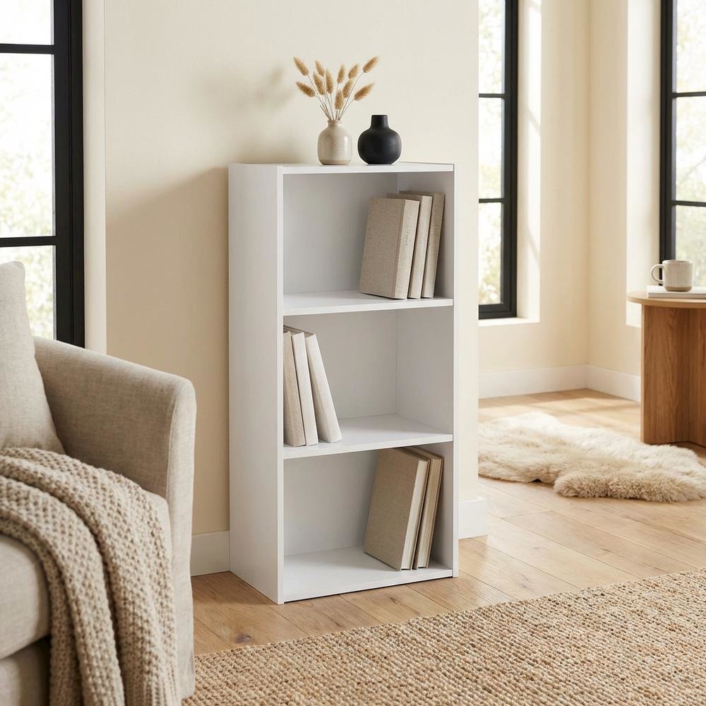 White 3-Tier Open Shelf Bookcase with Modern Wooden Design