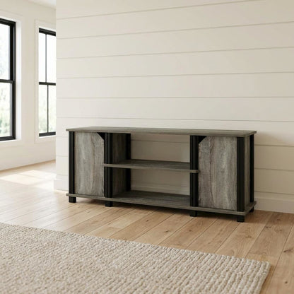 Wooden TV Stand with Shelves and Storage in French Oak/Black finish