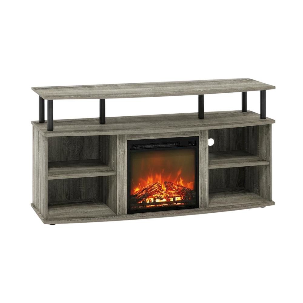 Gray open shelving TV stand, 55-inch displays, solid rubberwood