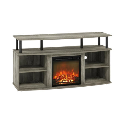 Gray open shelving TV stand, 55-inch displays, solid rubberwood