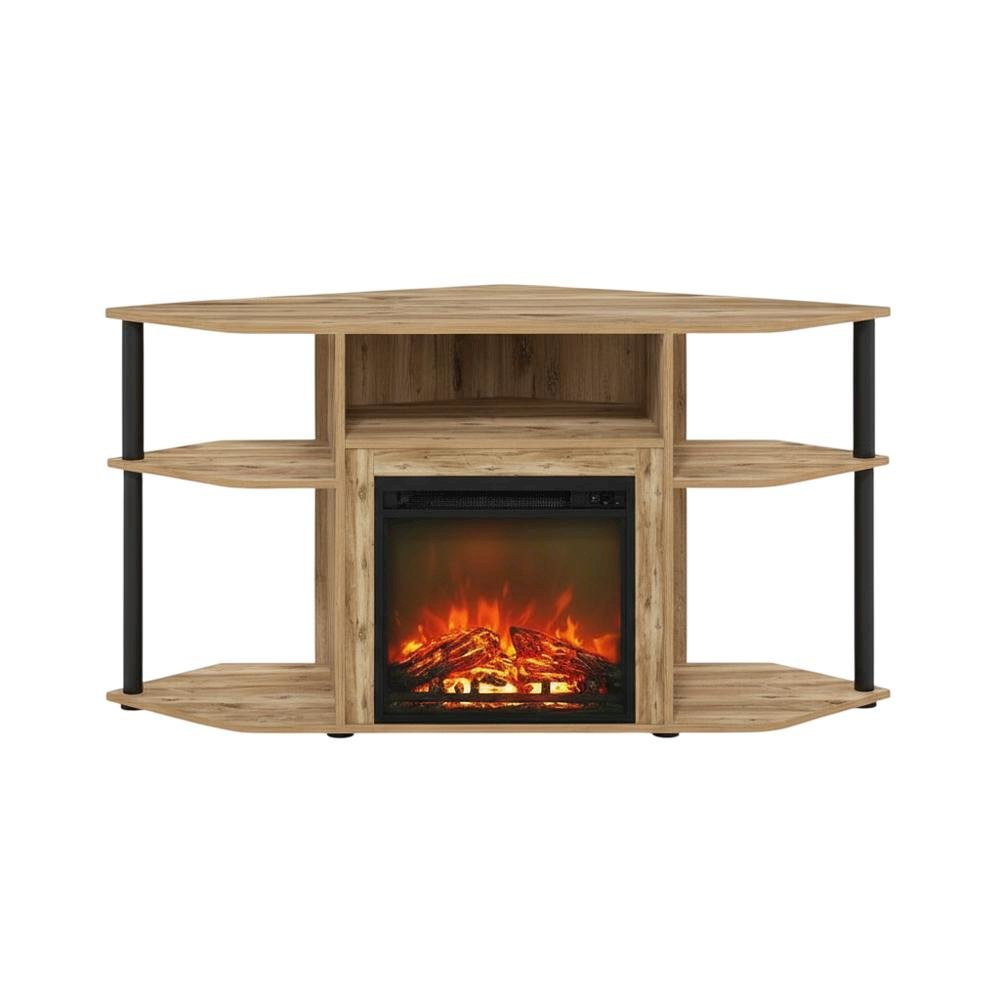Black open storage corner fireplace TV stand, spacious shelves, 55-inch screens