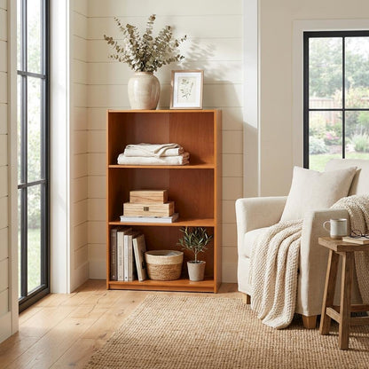 Wooden 3-Tier Bookcase with Light Cherry Finish for Versatile Storage