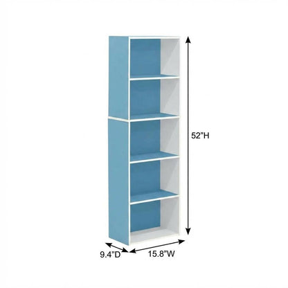 White and Light Blue 5-Tier Reversible Open Shelf Bookcase, Adjustable Shelves
