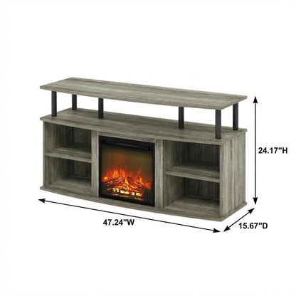 Gray open shelving TV stand, 55-inch displays, solid rubberwood