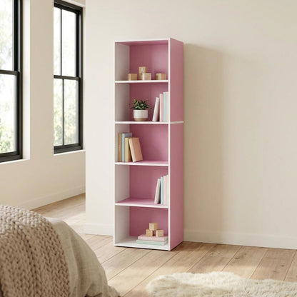 White and Pink Reversible Open Shelf Bookcase, 5-Tier for Organized Storage