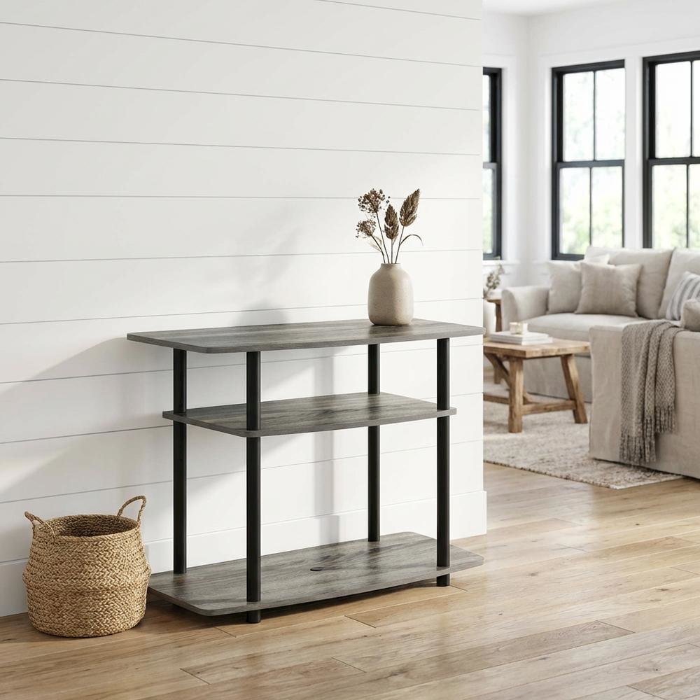 Wooden TV stand with French Oak Grey and Black finish, 3-Tier, No Tools Assembly