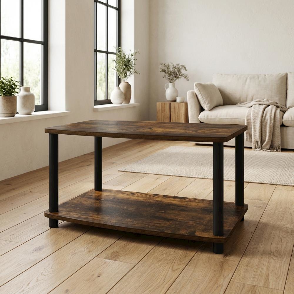Wooden TV stand, Amber Pine, black finish, no tools required, 2-tier design