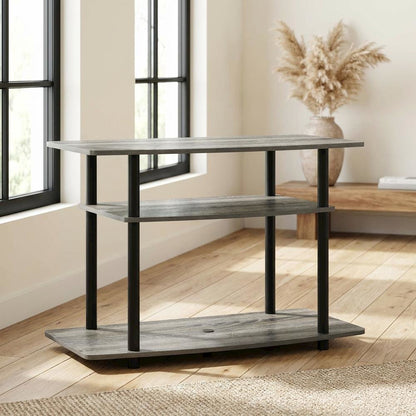 Wooden TV stand with French Oak Grey and Black finish, 3-Tier, No Tools Assembly