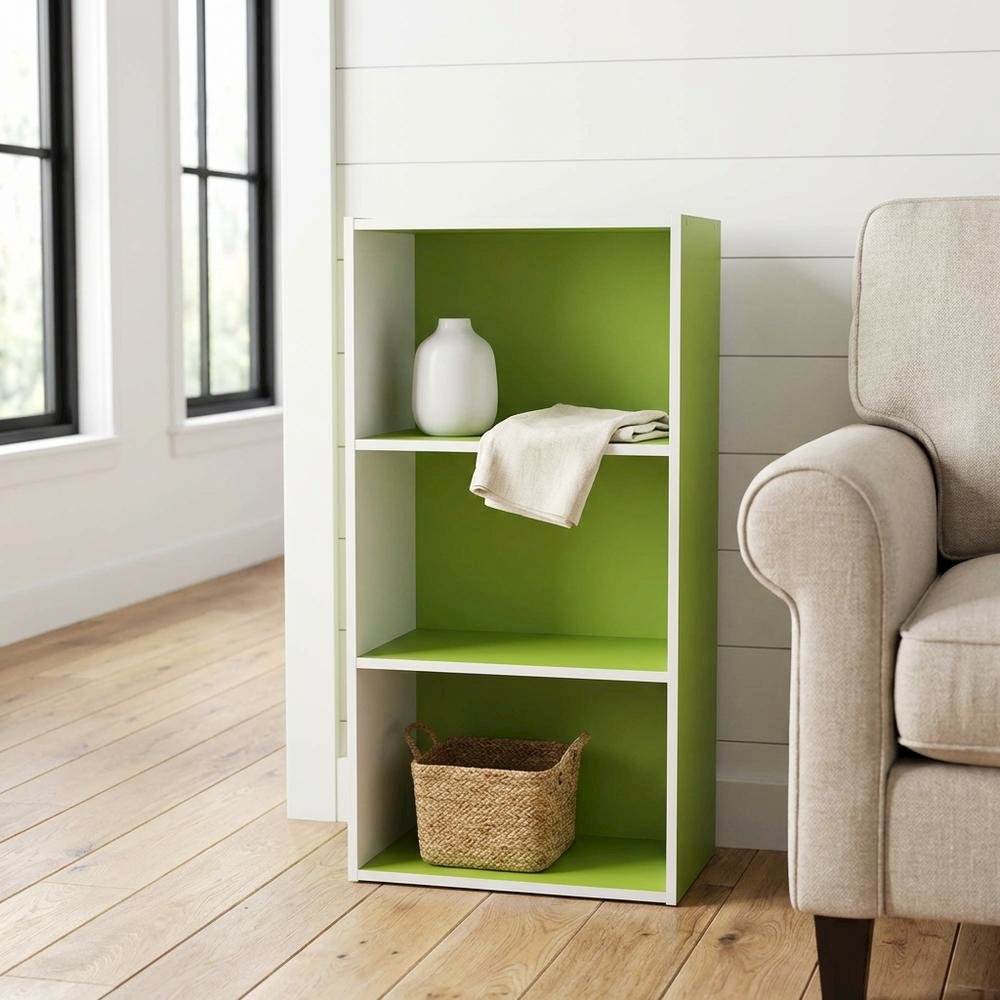 Green 3-Tier Open Shelf Bookcase with Wood Construction for Living Room Storage