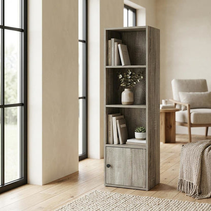 Wooden 4-Tier Shelf Bookcase with Door Storage in French Oak Finish