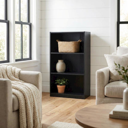 Black 3-Shelf Bookcase with Sturdy Wooden Frame and Spacious Shelves