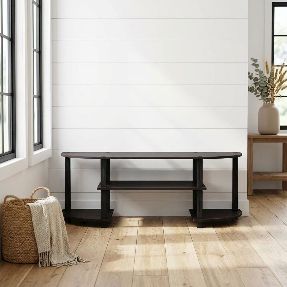 Dark Walnut TV Stand with Wide Shelving and Composite Wood Finish