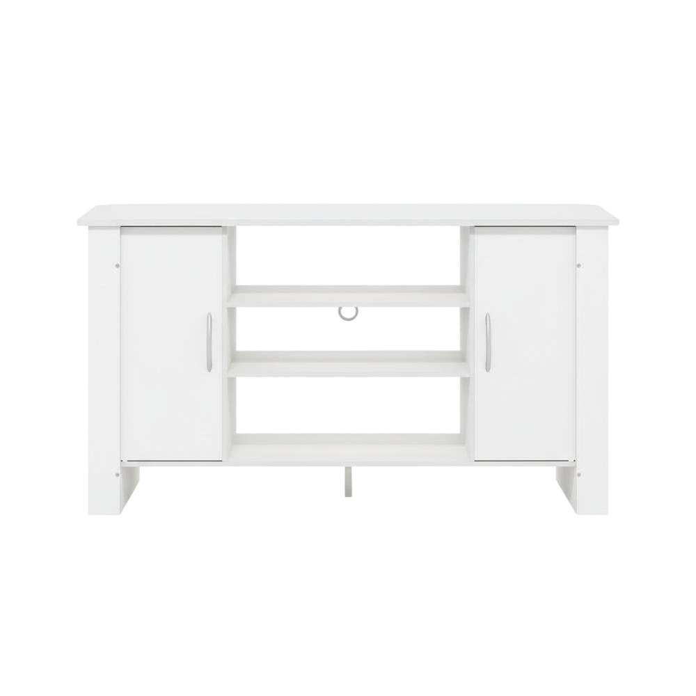 White TV Stand with Wood Finish and Storage Shelves