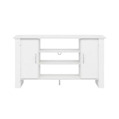 White TV Stand with Wood Finish and Storage Shelves