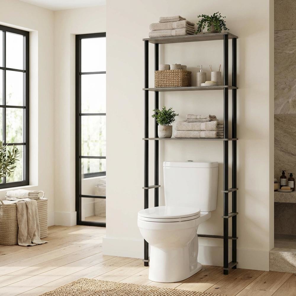 Toilet Space Saver with 3 Shelves in Grey and Black for Bathroom Organization