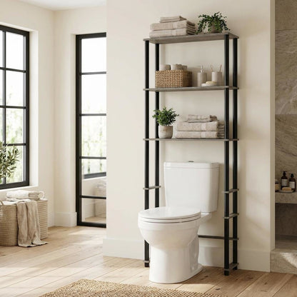 Toilet Space Saver with 3 Shelves in Grey and Black for Bathroom Organization
