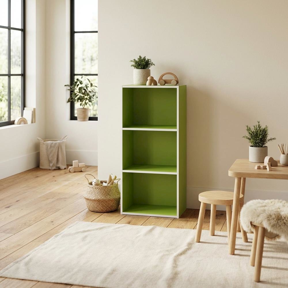 Green 3-Tier Open Shelf Bookcase with Wood Construction for Living Room Storage