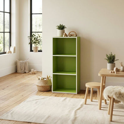 Green 3-Tier Open Shelf Bookcase with Wood Construction for Living Room Storage