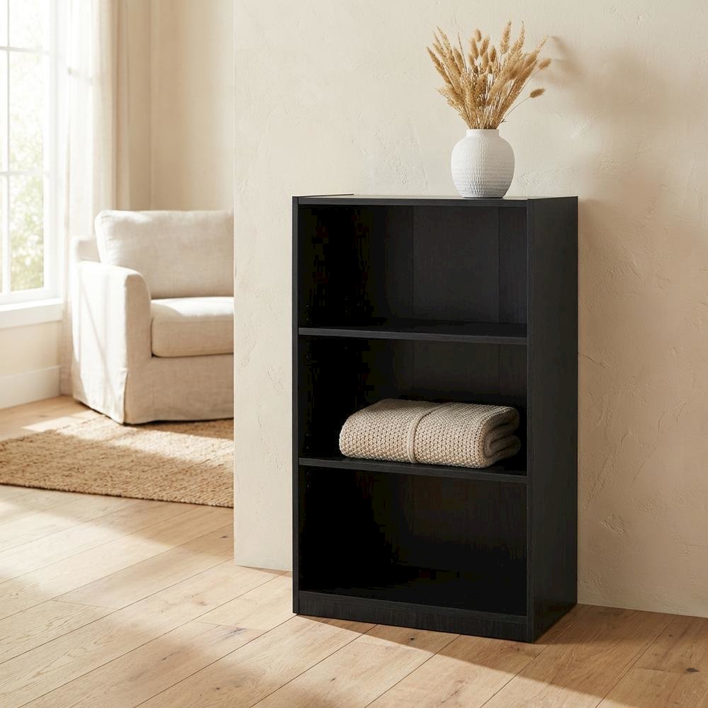 Black 3-Shelf Bookcase with Sturdy Wooden Frame and Spacious Shelves