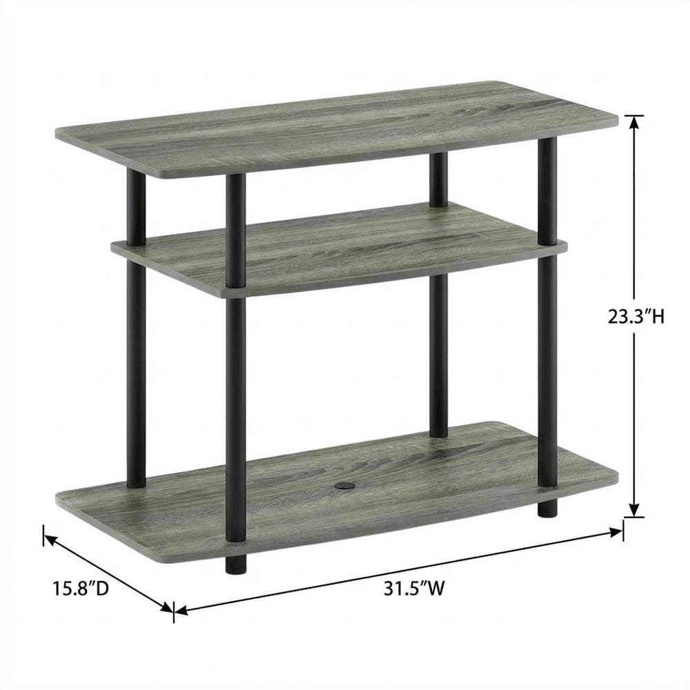 Wooden TV stand with French Oak Grey and Black finish, 3-Tier, No Tools Assembly