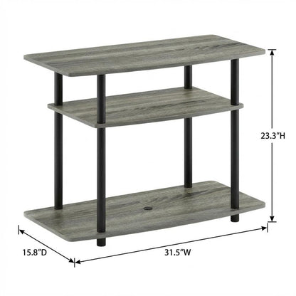 Wooden TV stand with French Oak Grey and Black finish, 3-Tier, No Tools Assembly