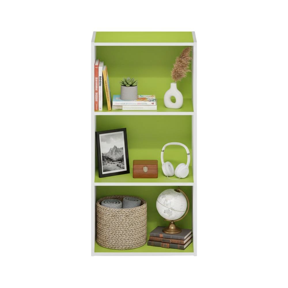 Green 3-Tier Open Shelf Bookcase with Wood Construction for Living Room Storage