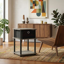 3-Tier End Table with Storage Bin in Grey Oak and Black Finish