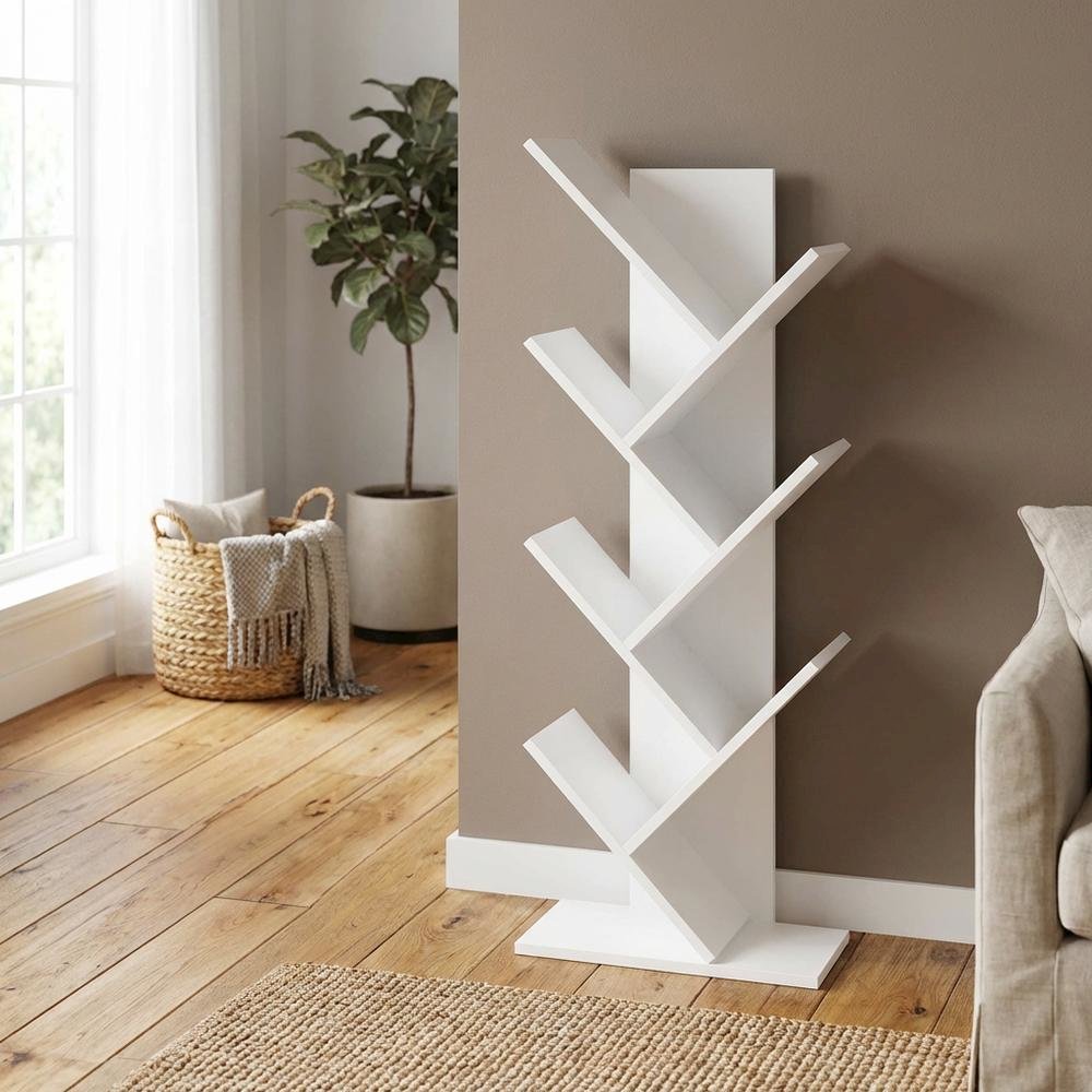 Wooden white bookcase with vertical storage and sleek design