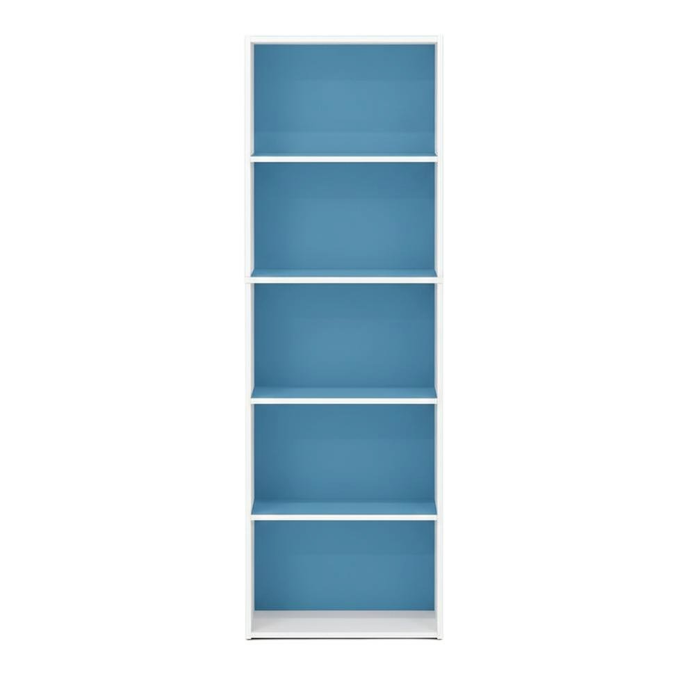 White and Light Blue 5-Tier Reversible Open Shelf Bookcase, Adjustable Shelves
