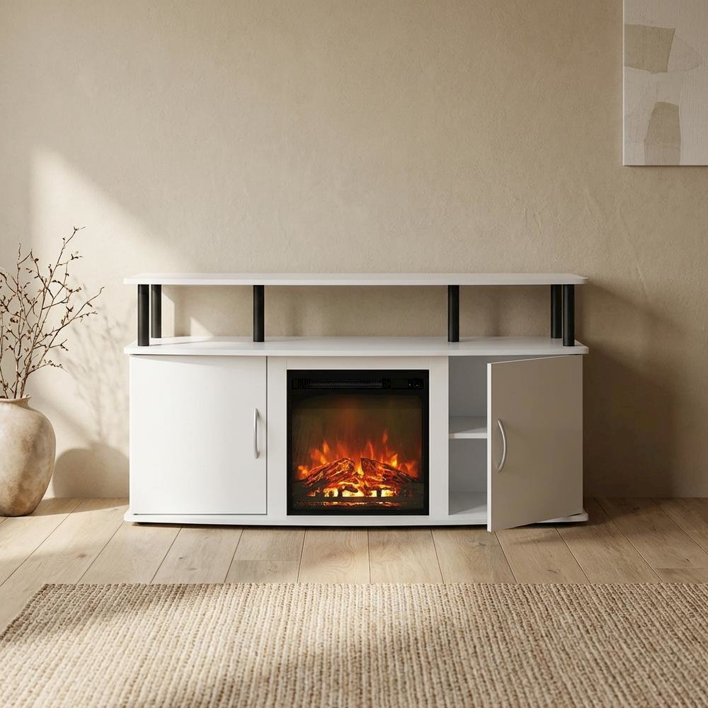 White Fireplace TV Stand for Up to 55 Inch TVs with Open Shelf Storage