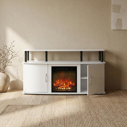 White Fireplace TV Stand for Up to 55 Inch TVs with Open Shelf Storage