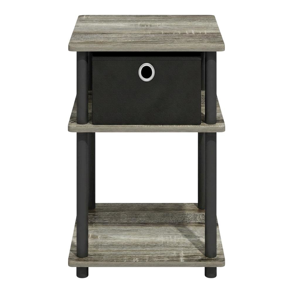 3-Tier End Table with Storage Bin in Grey Oak and Black Finish