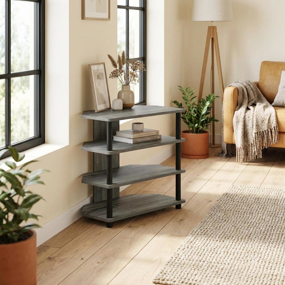 Wooden TV stand, French Oak Grey, Black finish, 4-Tier Storage, Living Room