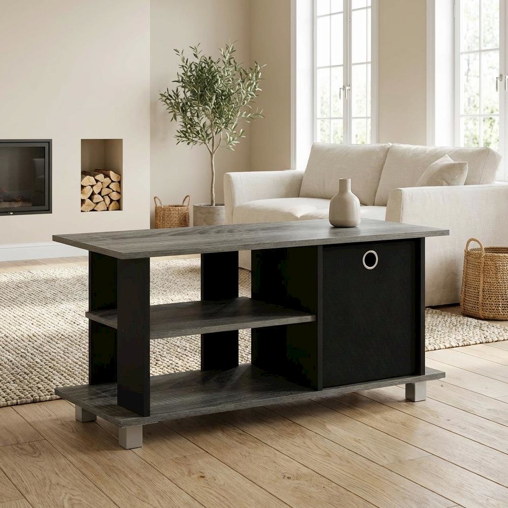 Simplistic TV Stand with Storage Bins in Dark Brown and Walnut Finish