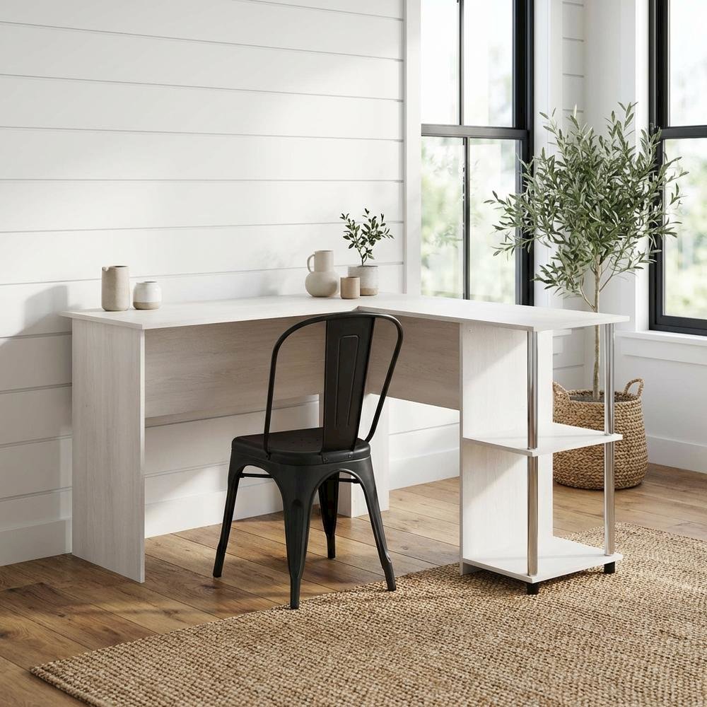 L-Shape Desk, Stainless Steel Tubes And White Oak Finish For Modern Workspaces